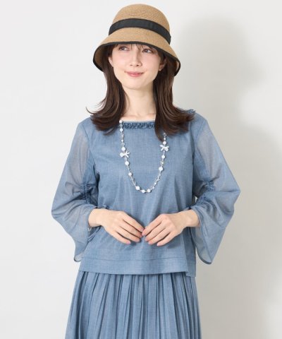 デニムプリント フリルボートネックブラウス