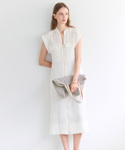 BERNARD / リネン混 フロントジップ スタンドカラードレス