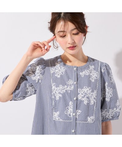 ローズティアラ RoseTiara ギンガムチェック刺繍パフスリーブブラウス