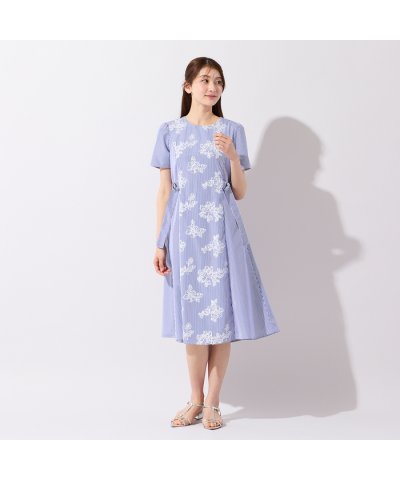 ローズティアラ RoseTiara リボンベルト付きフラワー刺繍ストライプワンピ