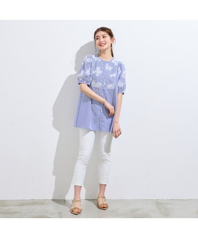 ローズティアラ RoseTiara ストライプ刺繍パフスリーブブラウス