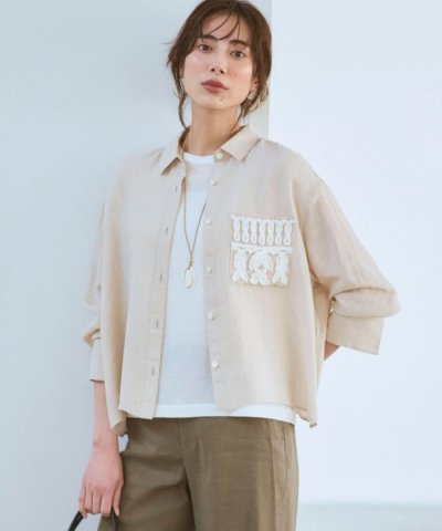LIBECOリネン ポケット刺繍 クロップドシャツ