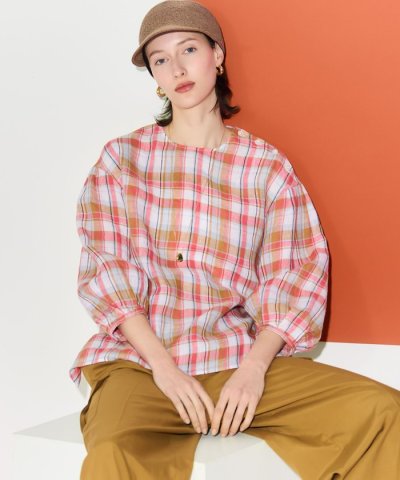 LIBECOリネン チェック ボリュームスリーブ ブラウス