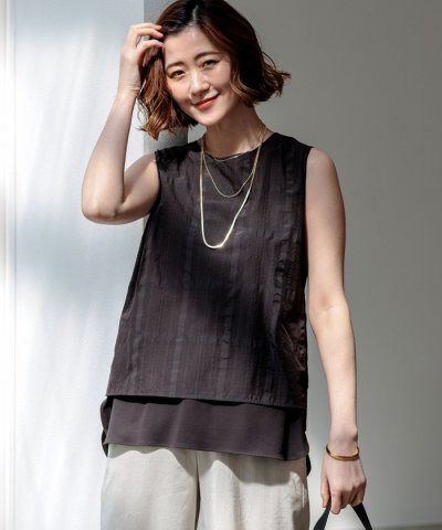 シアーチェックレイヤード スリーブレス Tブラウス