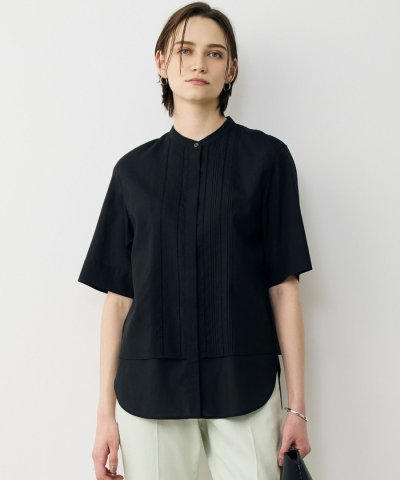 リネンスラブローン バンドカラーデザインシャツ