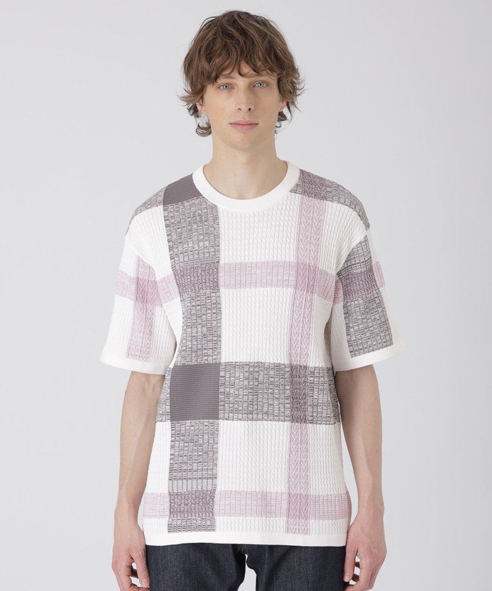 テクスチャーミックスクレストブリッジチェックニットTシャツ 