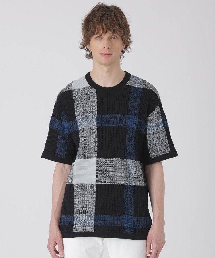 テクスチャーミックスクレストブリッジチェックニットTシャツ 