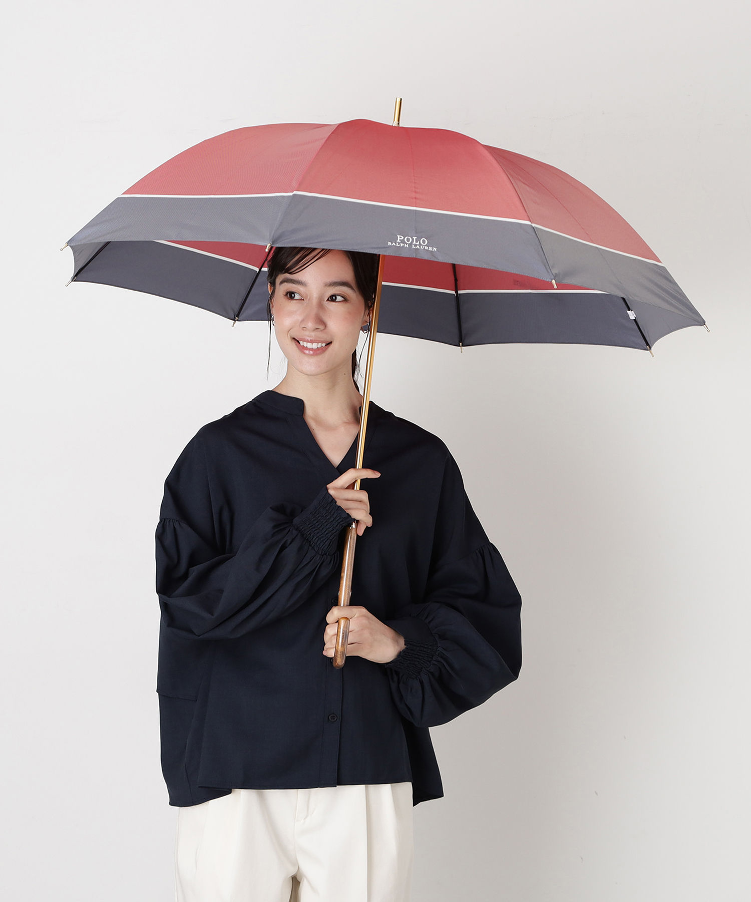 木製ハンドル】雨傘 長傘 バイカラー ロゴ ワンポイント(508809923