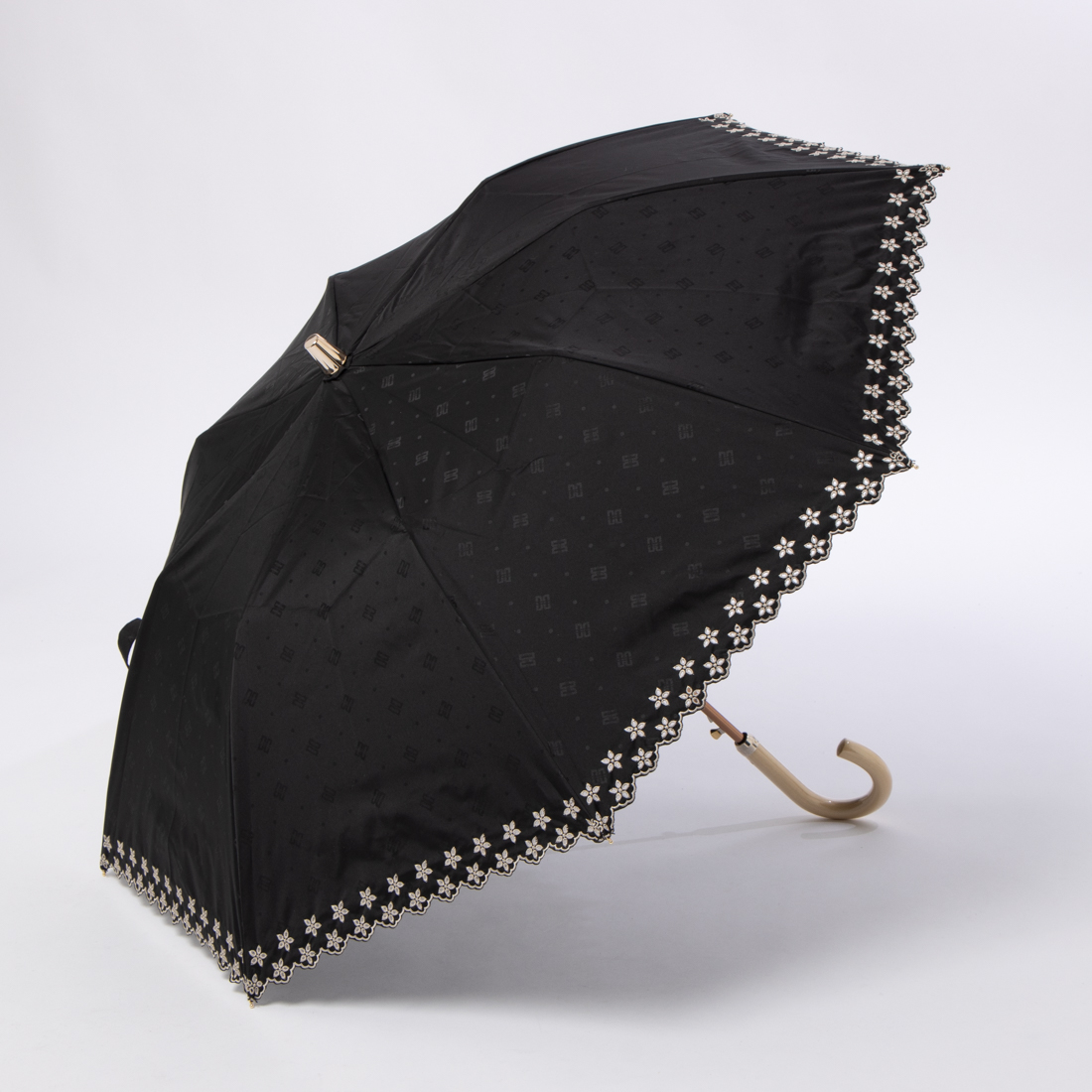 日本製】晴雨兼用折りたたみ日傘 楽折 ロゴジャカード 刺繍 1級遮光 遮