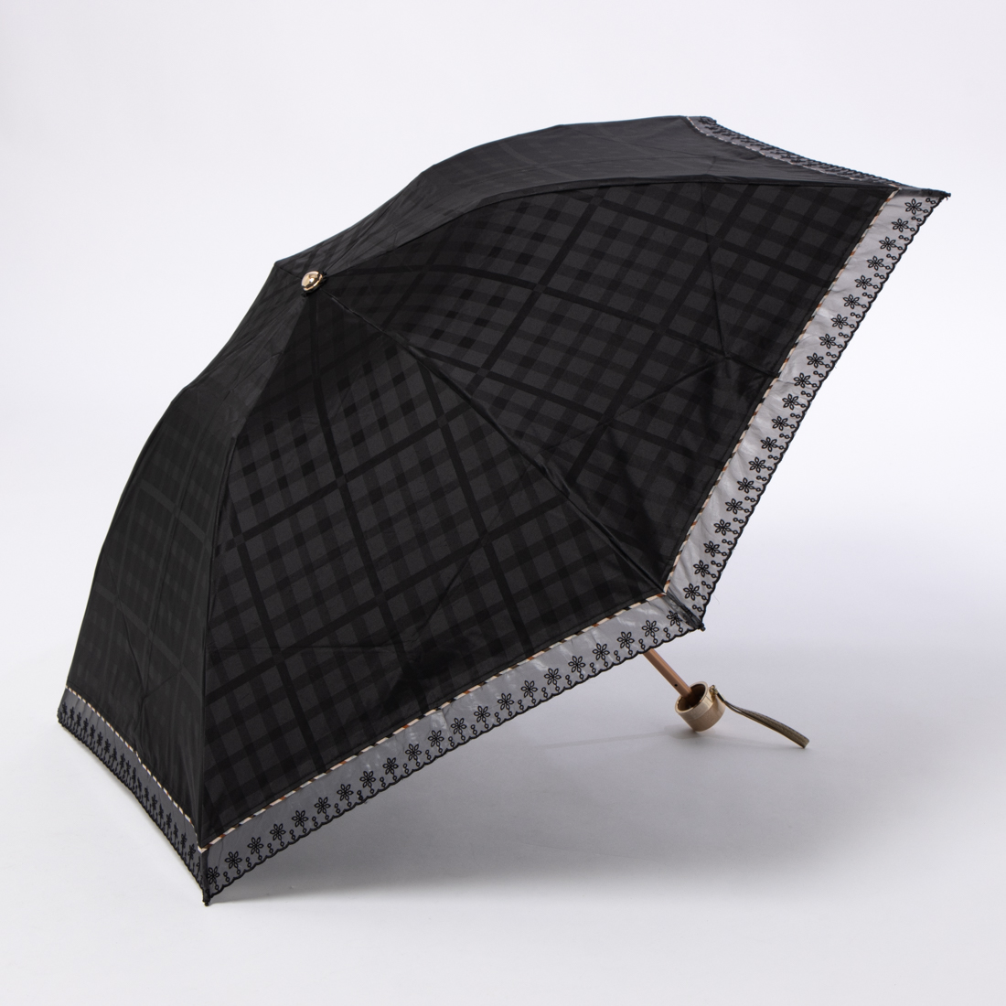 日本製】晴雨兼用折りたたみ日傘 チェックジャカード レース 1級遮光