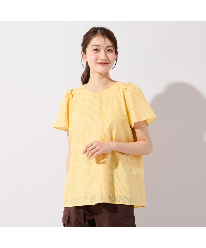 ローズティアラ シアーチェックブラウス イエロー【大きいサイズ】【46】新品 ローズティアラ RoseTiara 【オーガニックコットン】シアーチェック