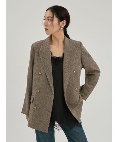 金釦ダブルブレストチェックロングブレザー