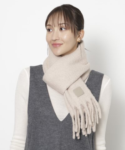 【日本製】本革ネーム付き アルパカ混シャギーマフラー 25×180cm 無地