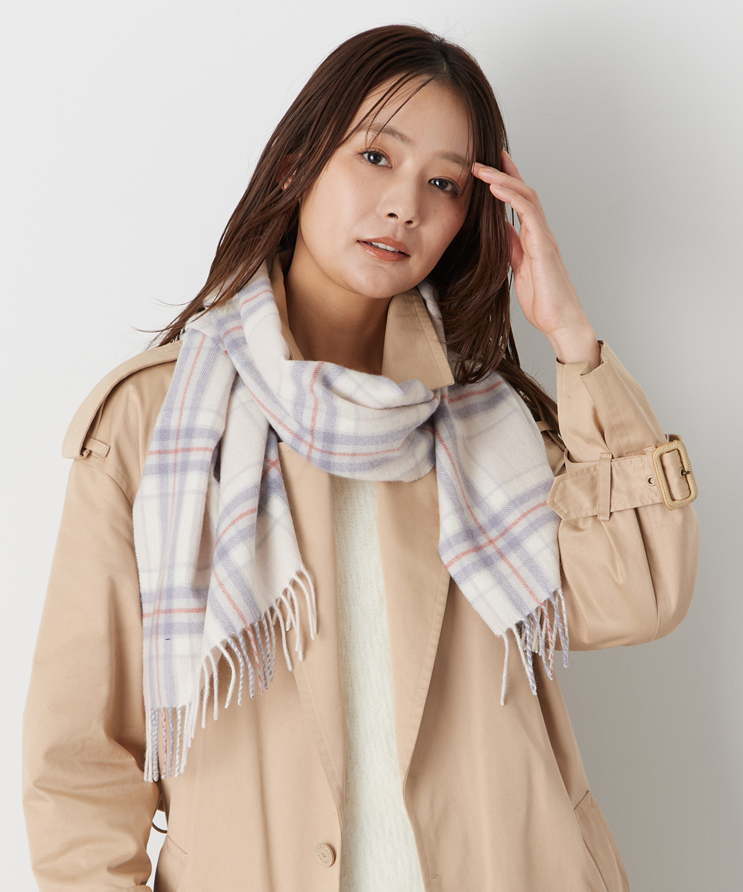 洗える】カシミヤ100％紡毛厚手マフラー 35×172cm チェック ロゴ ユ