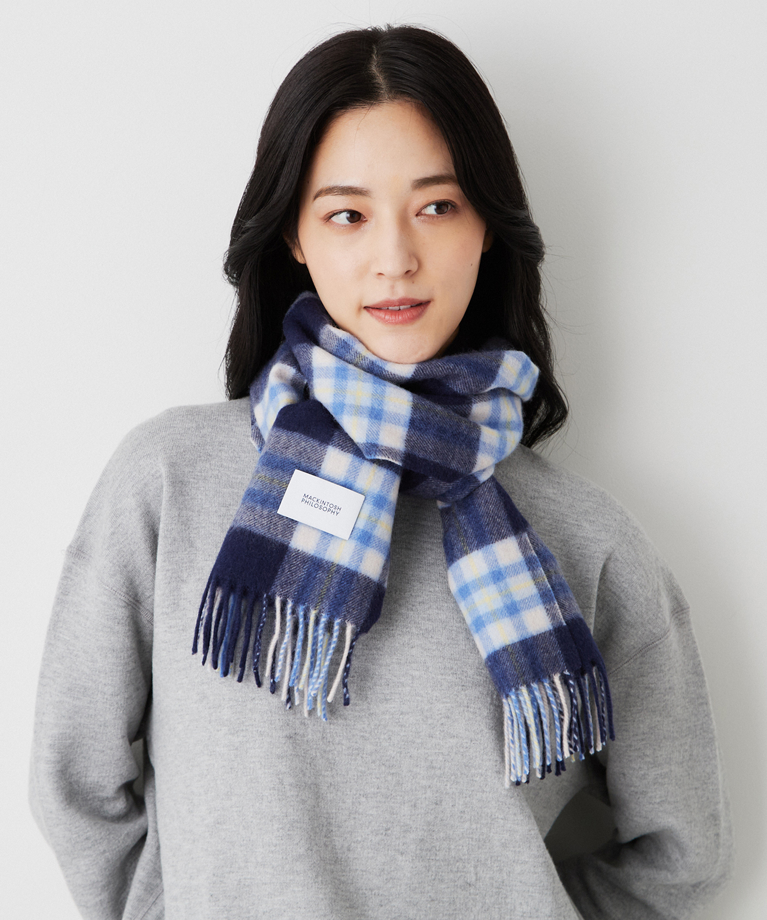 洗える】カシミヤ100％紡毛厚手マフラー 35×172cm チェック ロゴ ユ