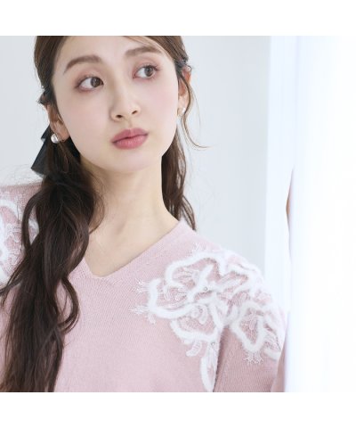 ローズティアラ RoseTiara レース×ビーズ使いVネックニットプルオーバー