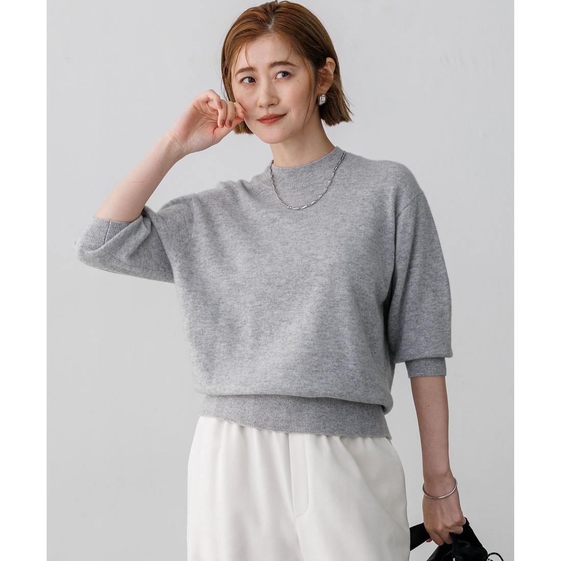 23区 【一部予約】ピュアカシミヤ ハーフスリーブ ハイネック ニット