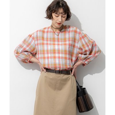 23区 LIBECOリネン チェック ボリュームスリーブ ブラウス