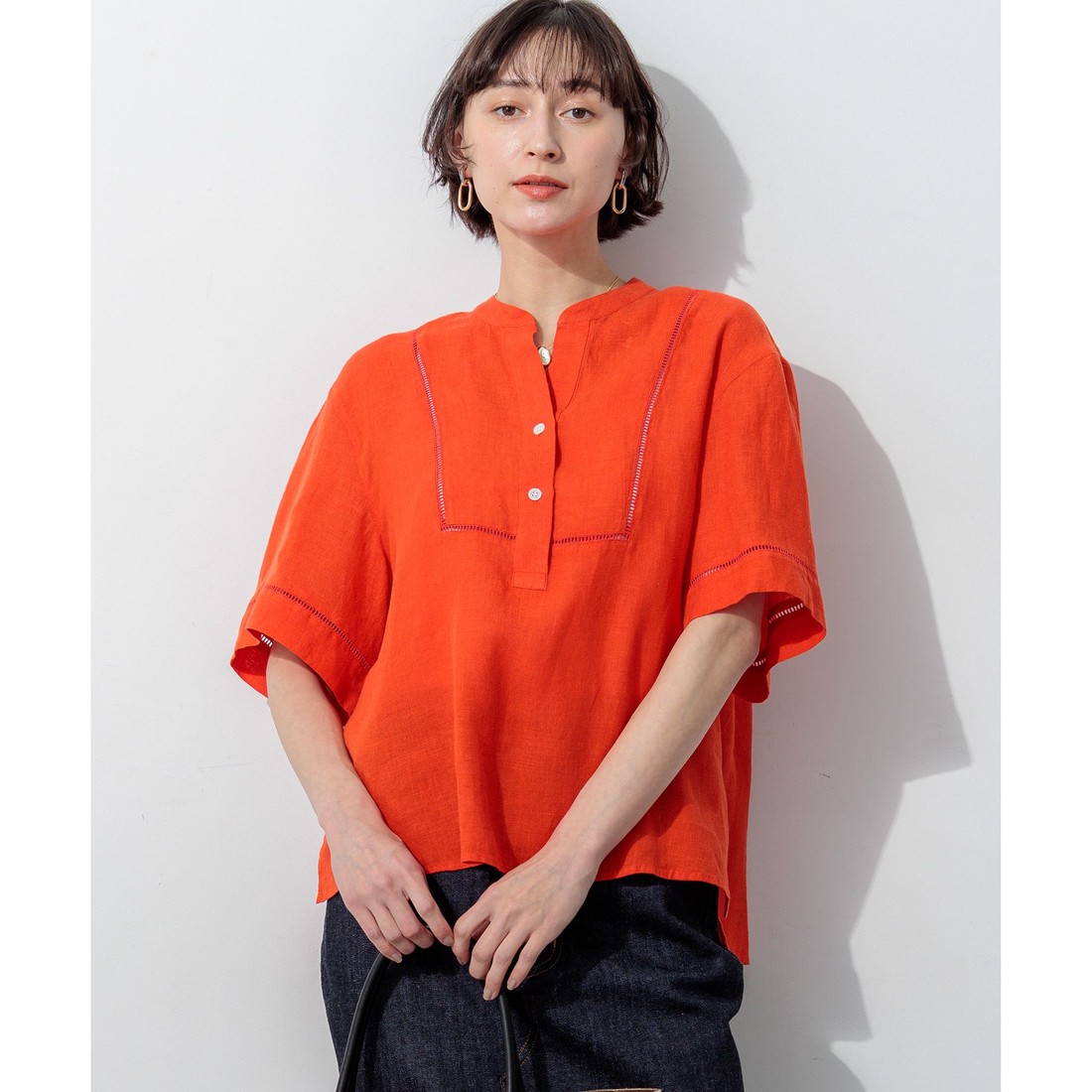 【23区】LIBECO リネン100% キーネックブラウス チュニック 橙 38 23区 LIBECOリネン はしごレース ブラウス(508889990)｜阪急百貨店公式