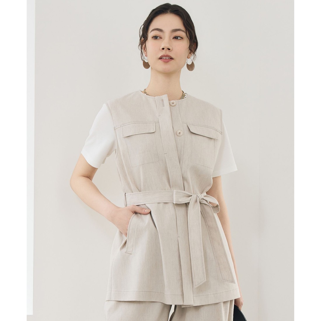 自由区 L 【SHIHOさん着用・セットアップ対応】リネンストレッチ ジレ