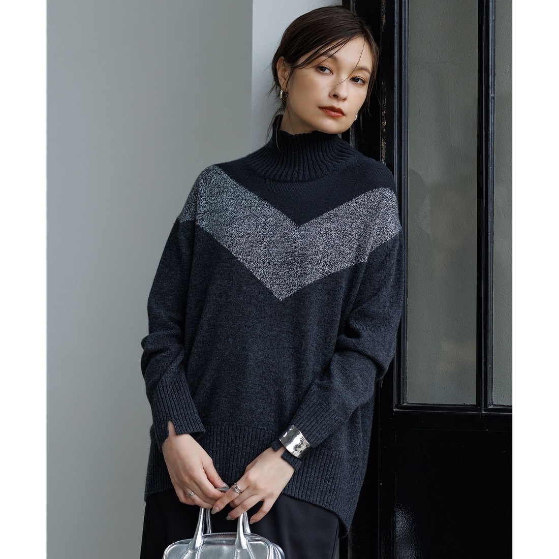 ICB 【洗える】ソフトカシミヤミックス インターシャ ハイネックニット