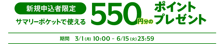 新規申込者限定!サマリーポケットで使える550円分のポイントプレゼント! 期間 3/1(月)-6/15(火)23:59