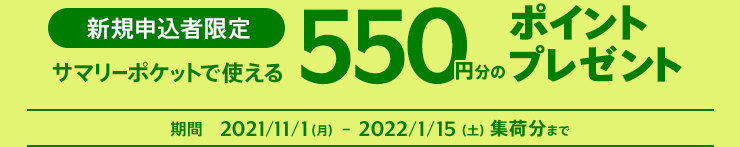 新規申込者限定!サマリーポケットで使える550円分のポイントプレゼント! 期間 2021/11/1(月)-2022/1/15(土)23:59