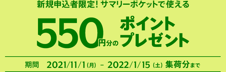 新規申込者限定!サマリーポケットで使える550円分のポイントプレゼント! 期間 2021/11/1(月)-2022/1/15(土)23:59