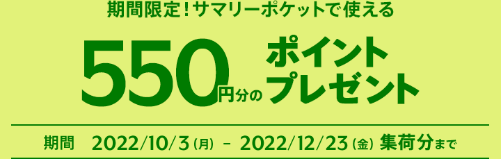 新規申込者限定！サマリーポケットで使える550円分のポイントプレゼント! 期間 2022/10/3（月）-2022/12/23（金）23:59